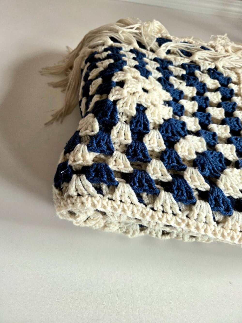 Large Handmade Granny Square Throw Afghan Blanket Blue Beige Boho Cozy Fringes - Picture 4 of 7